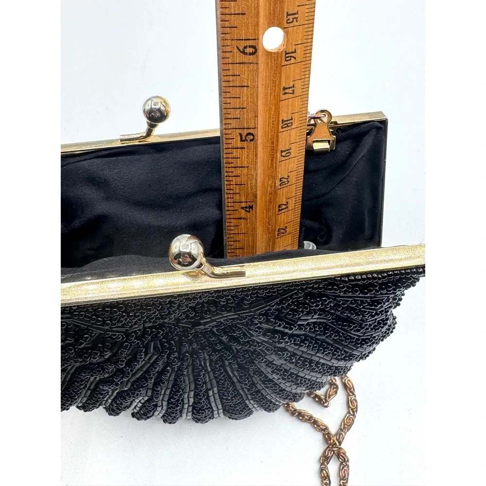 Walborg Vintage Black Beaded Shell Clutch Evening Bag Gold Chain Strap Hong Kong